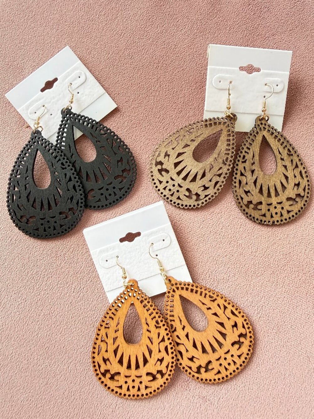 3 pair Lightweight Wooden Teardrop Earrings Laser Cut Filigree Boho Dangle
